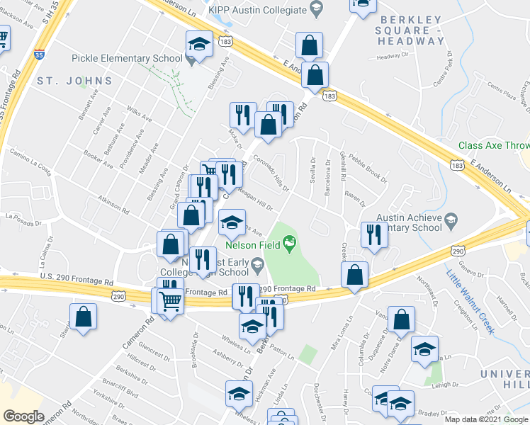 map of restaurants, bars, coffee shops, grocery stores, and more near 113 Reagan Hill Drive in Austin