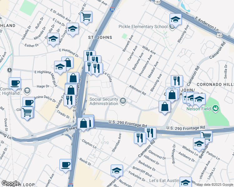 map of restaurants, bars, coffee shops, grocery stores, and more near 1044 Camino La Costa in Austin