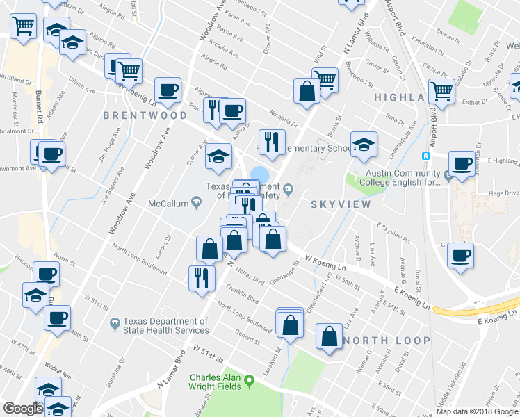 map of restaurants, bars, coffee shops, grocery stores, and more near 5626 North Lamar Boulevard in Austin