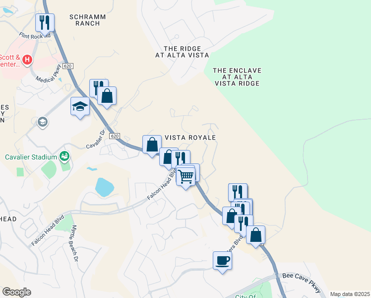 map of restaurants, bars, coffee shops, grocery stores, and more near 3499 Ranch Road 620 in Austin
