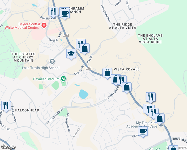 map of restaurants, bars, coffee shops, grocery stores, and more near 3400 Ranch Road 620 South in Bee Cave