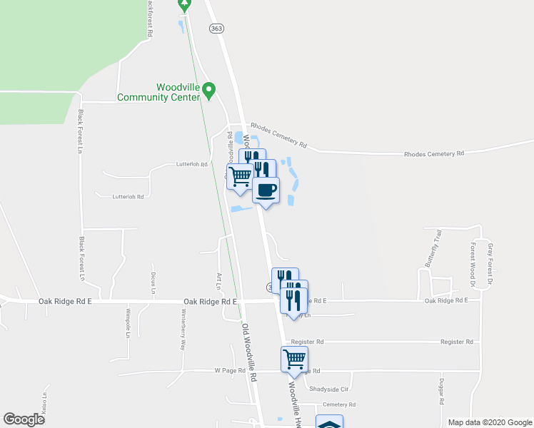 map of restaurants, bars, coffee shops, grocery stores, and more near in Woodville