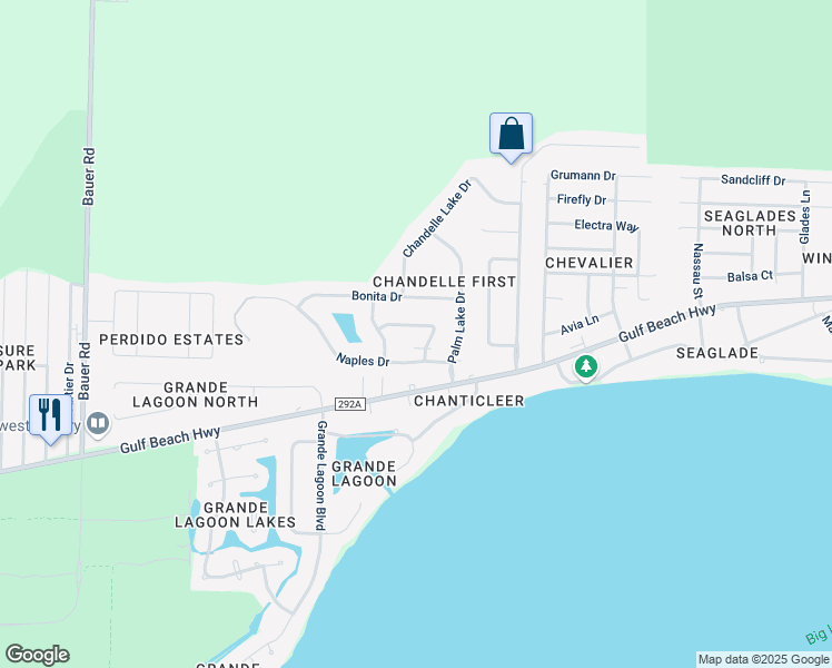 map of restaurants, bars, coffee shops, grocery stores, and more near 604 Dundee Drive in Pensacola