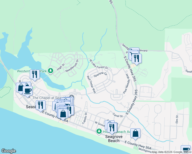 map of restaurants, bars, coffee shops, grocery stores, and more near 189 Red Cedar Way in Santa Rosa Beach