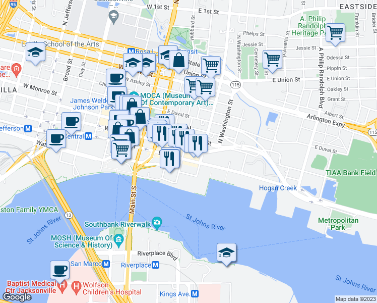 map of restaurants, bars, coffee shops, grocery stores, and more near 25 North Market Street in Jacksonville