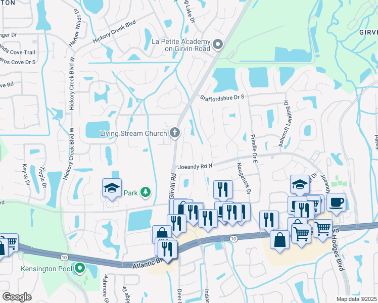 map of restaurants, bars, coffee shops, grocery stores, and more near 224 Autumn Springs Drive in Jacksonville