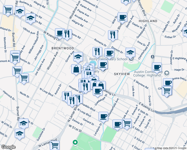 map of restaurants, bars, coffee shops, grocery stores, and more near North Lamar Boulevard & West Koenig Lane in Austin