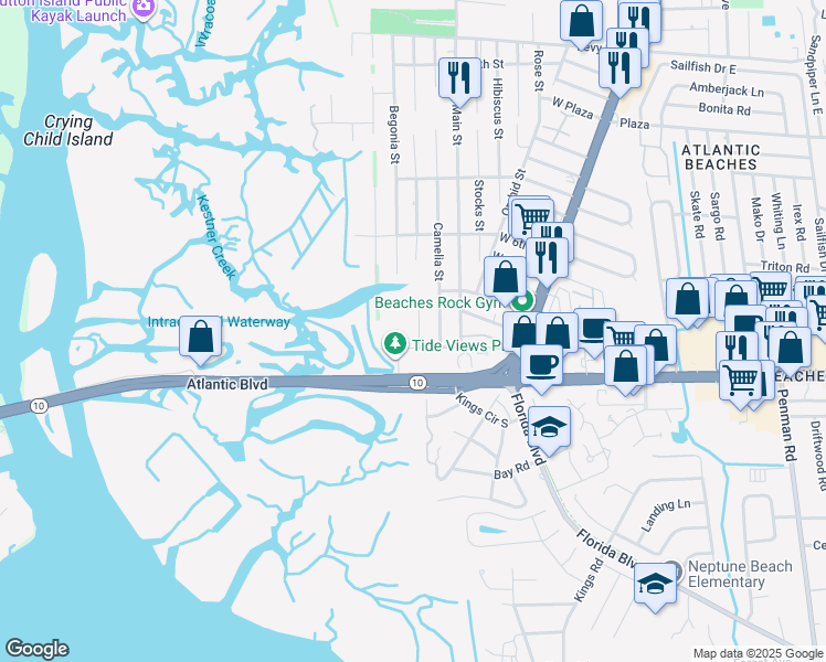 map of restaurants, bars, coffee shops, grocery stores, and more near 119 Jasmine Street in Atlantic Beach