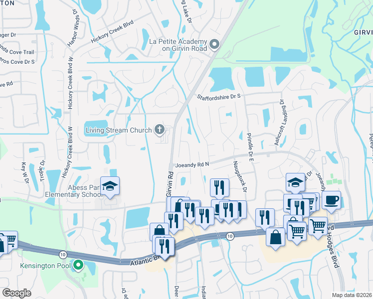 map of restaurants, bars, coffee shops, grocery stores, and more near 224 Autumn Springs Drive in Jacksonville