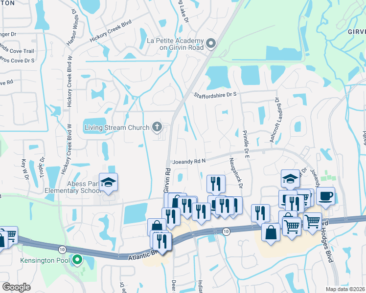 map of restaurants, bars, coffee shops, grocery stores, and more near 224 Autumn Springs Drive in Jacksonville