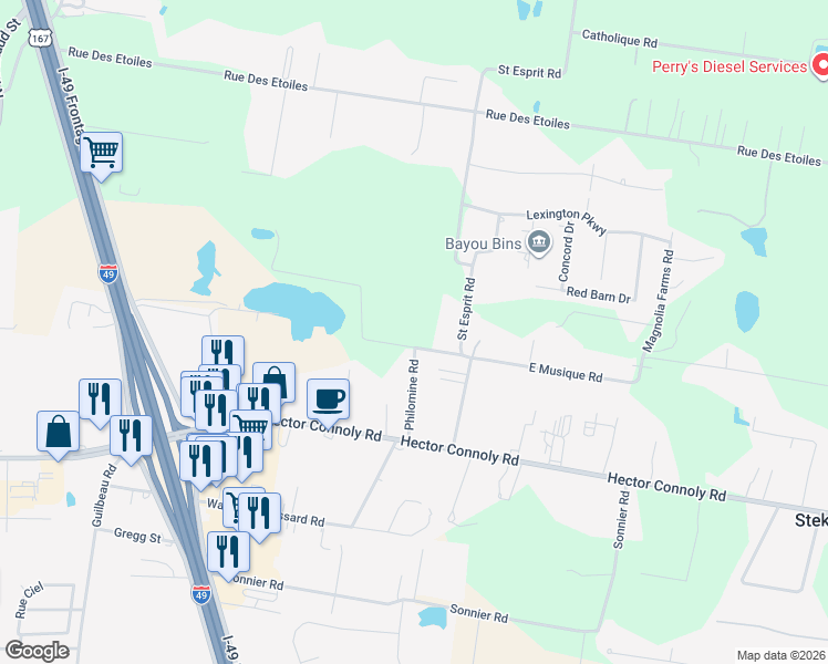 map of restaurants, bars, coffee shops, grocery stores, and more near 200 West Musique Road in Carencro