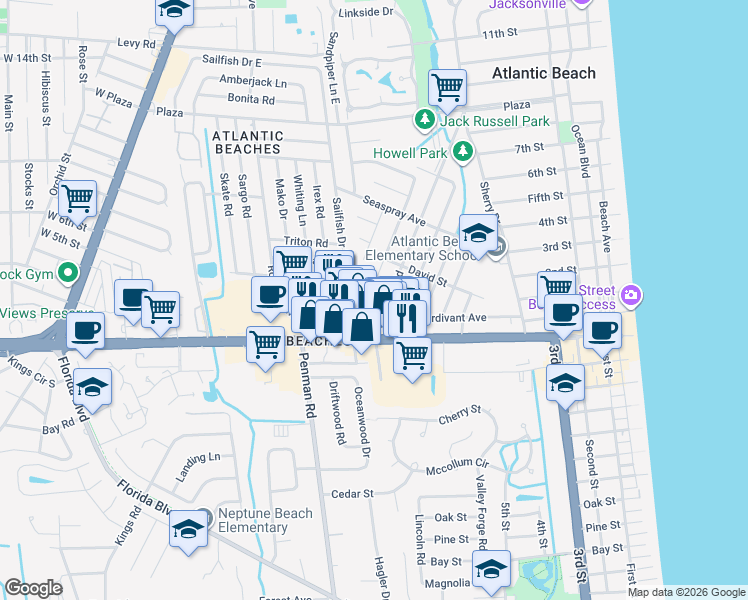map of restaurants, bars, coffee shops, grocery stores, and more near 108 Seminole Road in Atlantic Beach