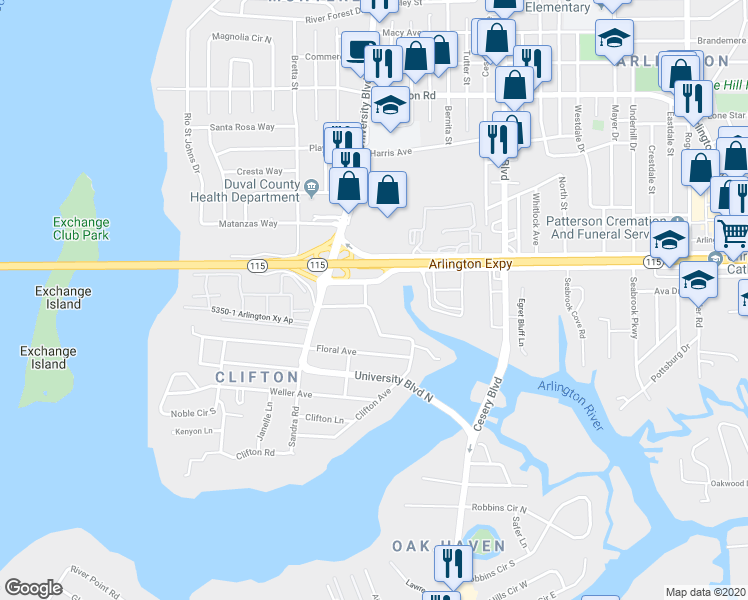 map of restaurants, bars, coffee shops, grocery stores, and more near 5682 Tanglewood Lane in Jacksonville