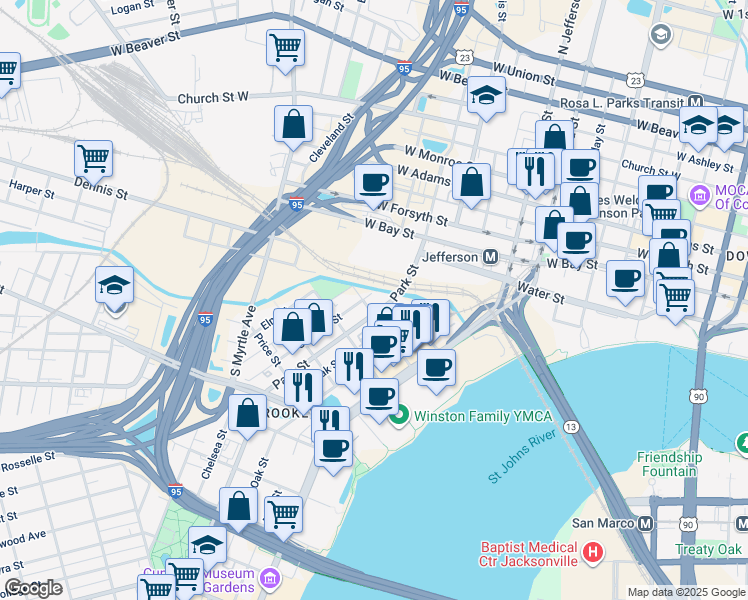 map of restaurants, bars, coffee shops, grocery stores, and more near 80 Park Street in Jacksonville