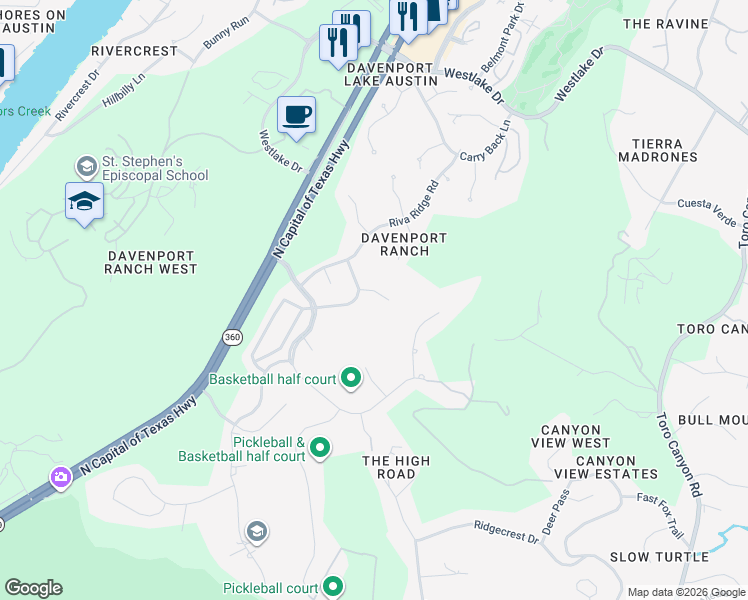 map of restaurants, bars, coffee shops, grocery stores, and more near 2901 Round Table Road in Austin
