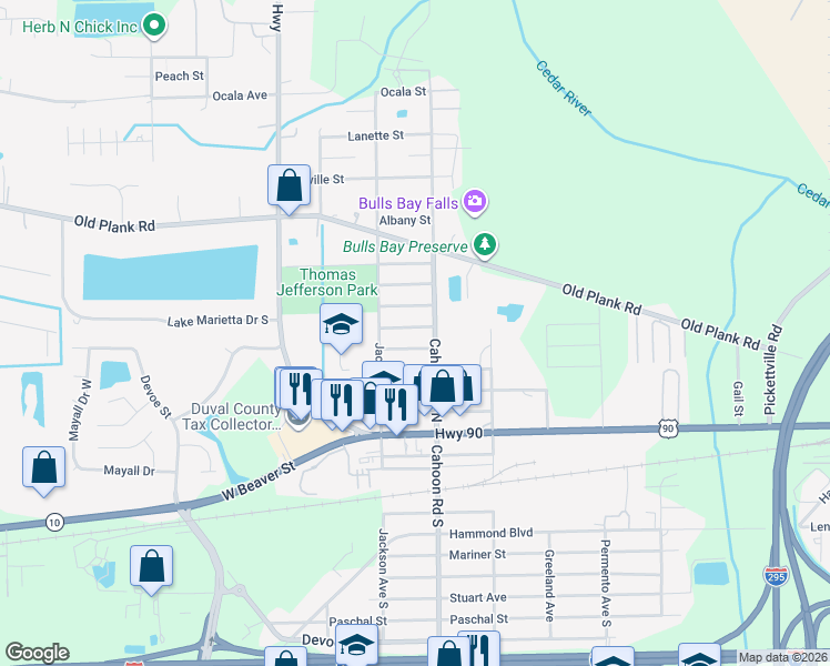 map of restaurants, bars, coffee shops, grocery stores, and more near 8137 Oklahoma Street in Jacksonville