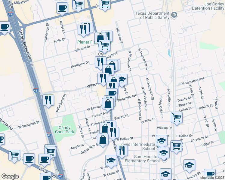 map of restaurants, bars, coffee shops, grocery stores, and more near 1610 North Frazier Street in Conroe