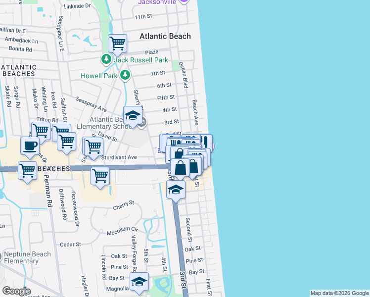map of restaurants, bars, coffee shops, grocery stores, and more near 307 Ahern Street in Atlantic Beach