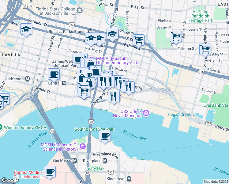 map of restaurants, bars, coffee shops, grocery stores, and more near 200 East Forsyth Street in Jacksonville