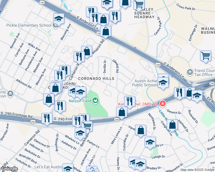 map of restaurants, bars, coffee shops, grocery stores, and more near 1605 Coronado Hills Drive in Austin