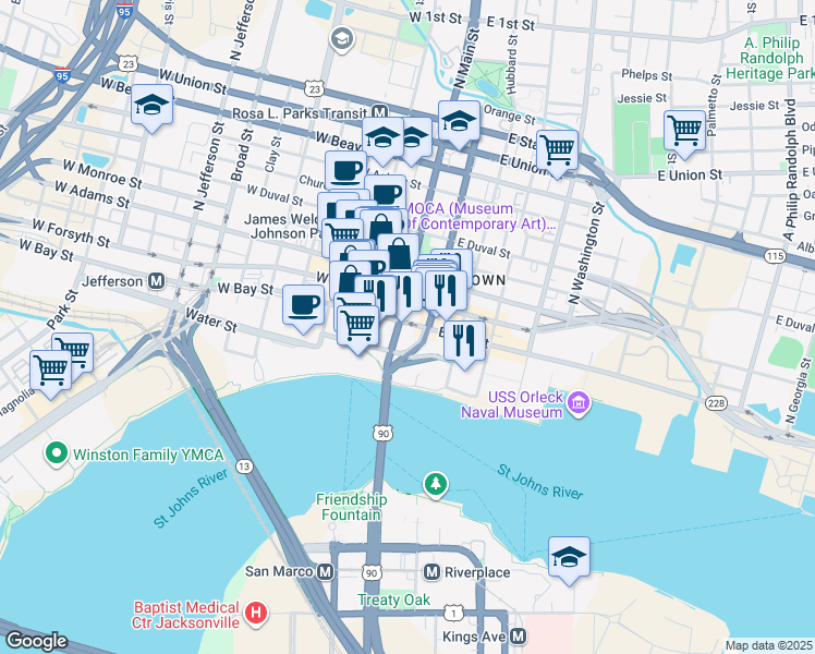 map of restaurants, bars, coffee shops, grocery stores, and more near 14 East Bay Street in Jacksonville
