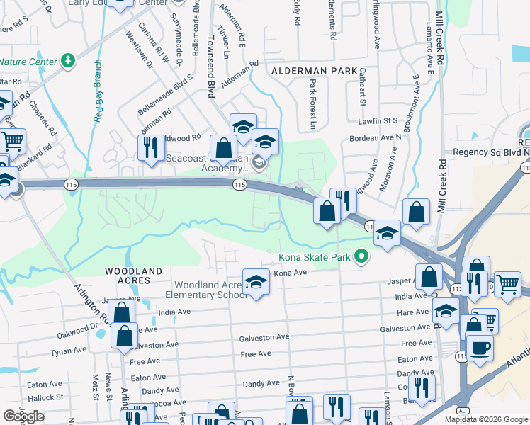 map of restaurants, bars, coffee shops, grocery stores, and more near 8050 Arlington Expressway in Jacksonville