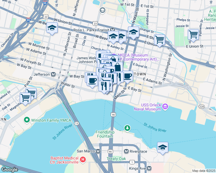 map of restaurants, bars, coffee shops, grocery stores, and more near 1 Independent Drive in Jacksonville