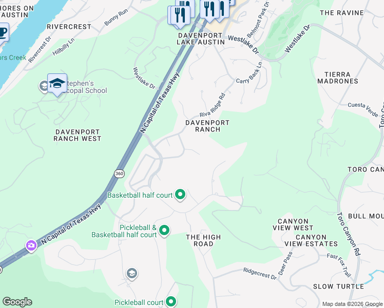 map of restaurants, bars, coffee shops, grocery stores, and more near 2901 Round Table Road in Austin