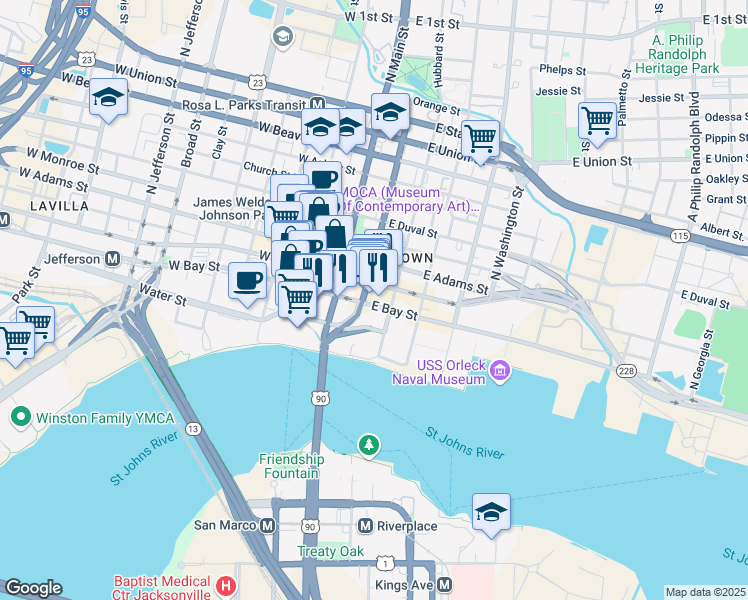 map of restaurants, bars, coffee shops, grocery stores, and more near 123 Main Street South in Jacksonville