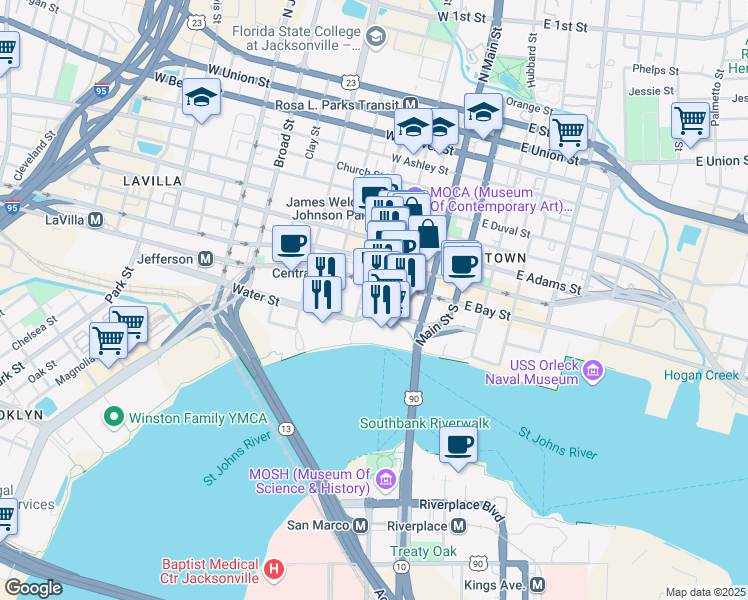 map of restaurants, bars, coffee shops, grocery stores, and more near 37 Hogan Street South in Jacksonville
