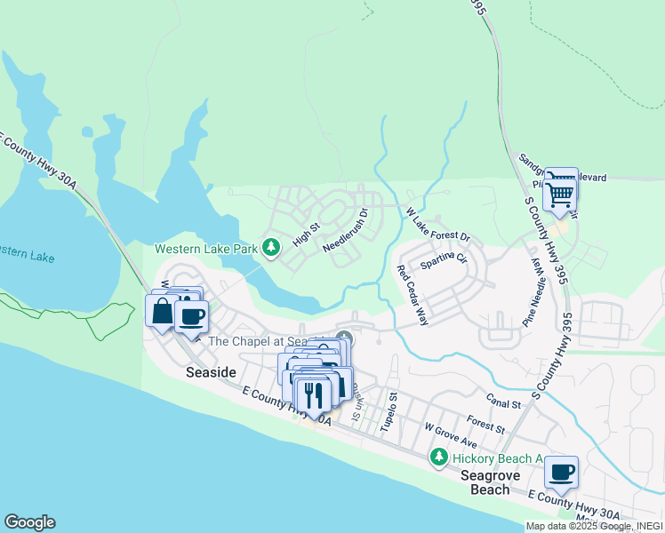 map of restaurants, bars, coffee shops, grocery stores, and more near 213 Scrub Oak Circle in Santa Rosa Beach