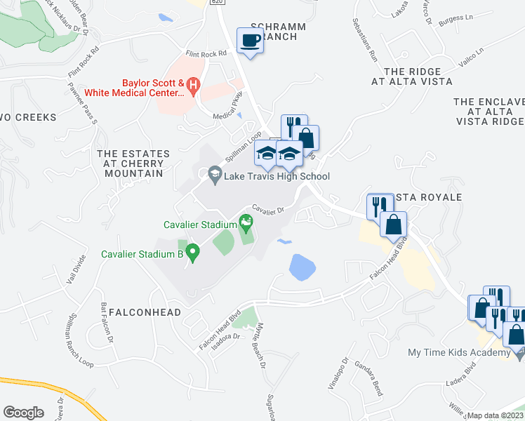 map of restaurants, bars, coffee shops, grocery stores, and more near Cavalier Drive in Austin