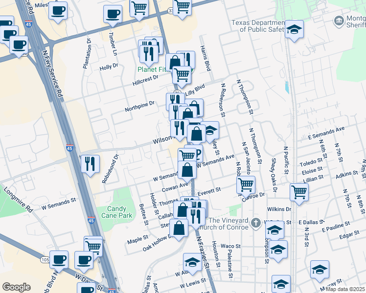 map of restaurants, bars, coffee shops, grocery stores, and more near 1619 North Frazier Street in Conroe