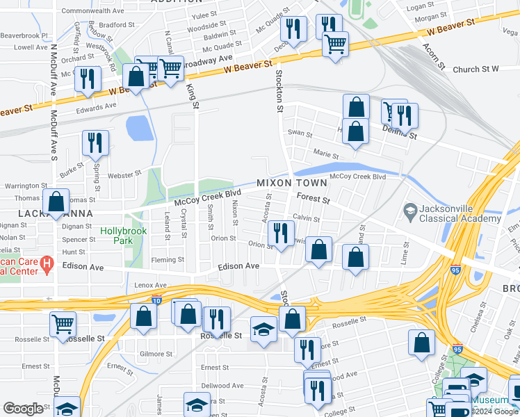 map of restaurants, bars, coffee shops, grocery stores, and more near 2551 Calvin Street in Jacksonville