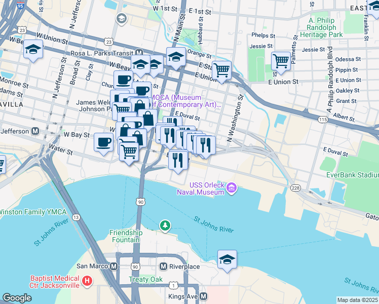 map of restaurants, bars, coffee shops, grocery stores, and more near 233 East Bay Street in Jacksonville