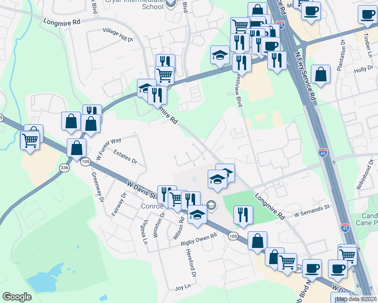 map of restaurants, bars, coffee shops, grocery stores, and more near 901 Longmire Road in Conroe