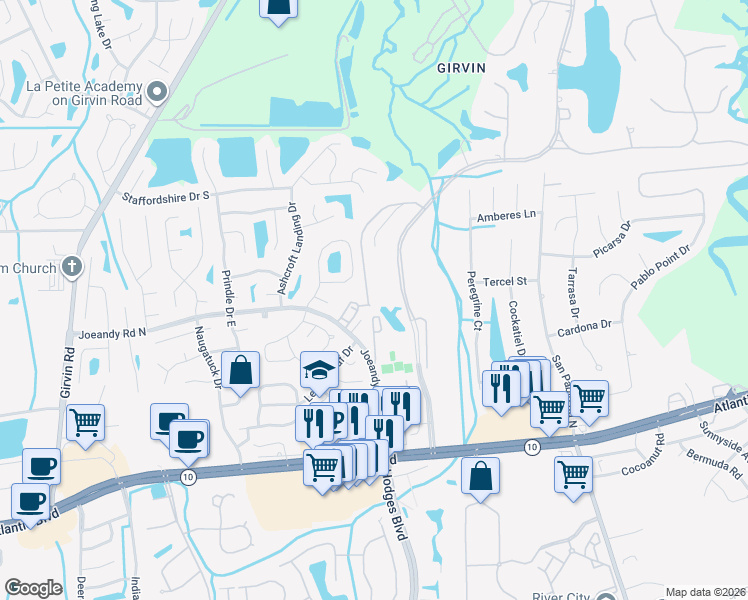 map of restaurants, bars, coffee shops, grocery stores, and more near 321 Blagdon Court in Jacksonville