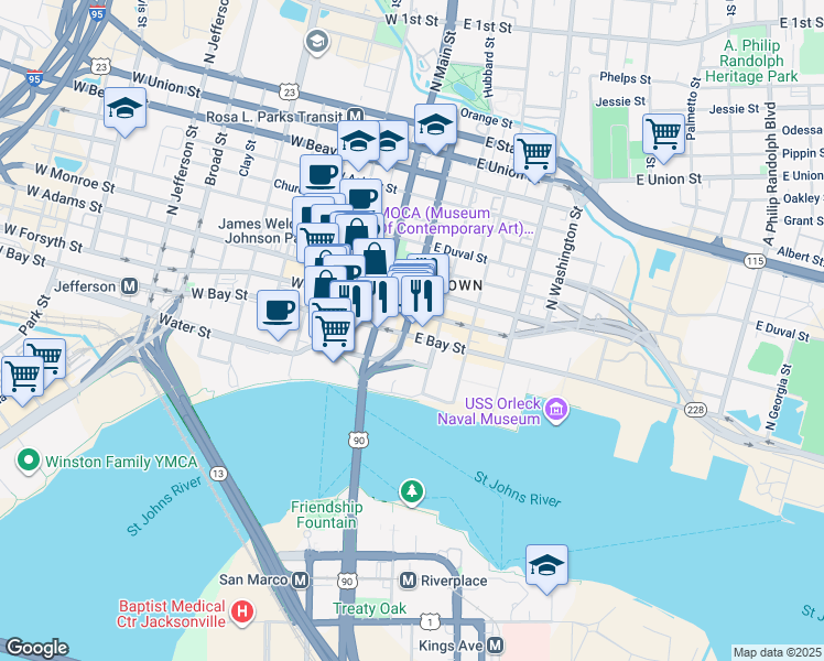 map of restaurants, bars, coffee shops, grocery stores, and more near 123 Main Street South in Jacksonville