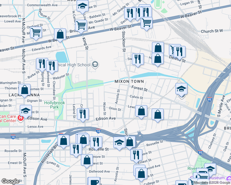 map of restaurants, bars, coffee shops, grocery stores, and more near 2555 Hiland Street in Jacksonville