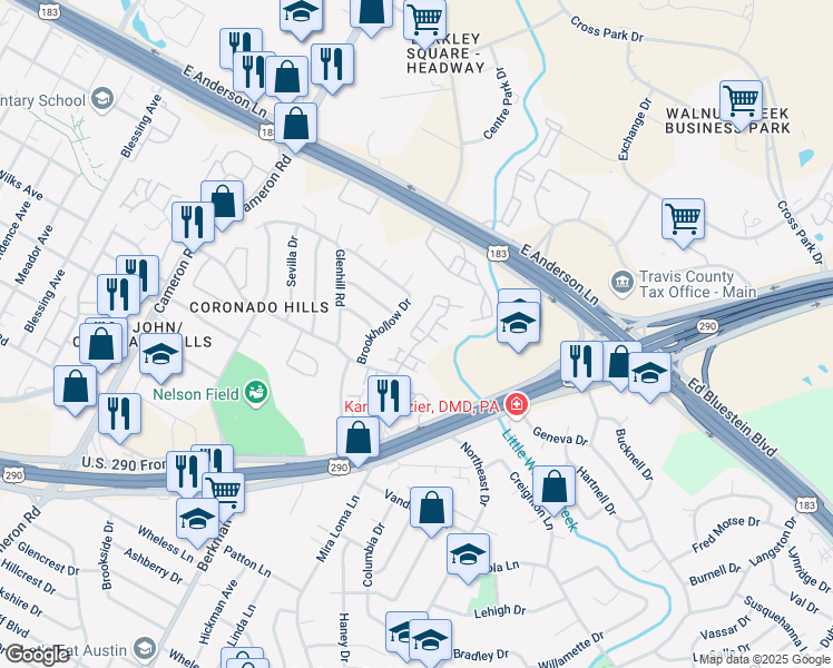 map of restaurants, bars, coffee shops, grocery stores, and more near 2006 Voltaire Drive in Austin