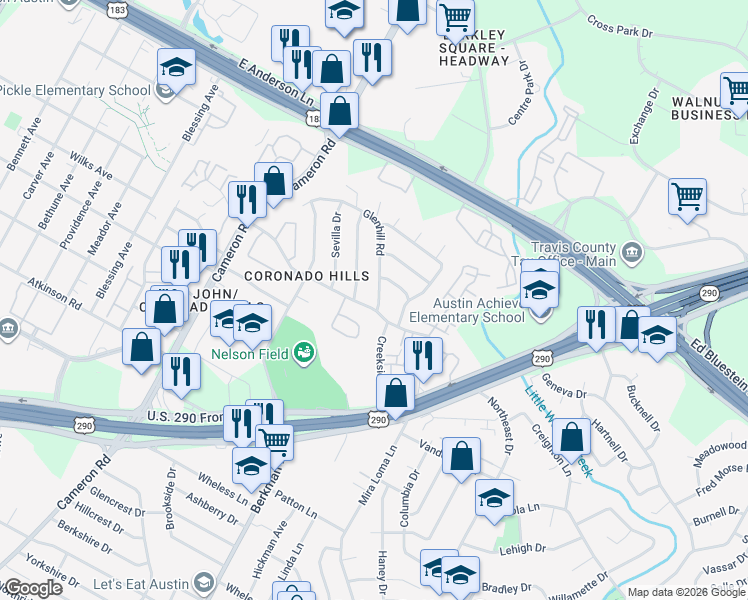 map of restaurants, bars, coffee shops, grocery stores, and more near 1708 Coronado Hills Drive in Austin
