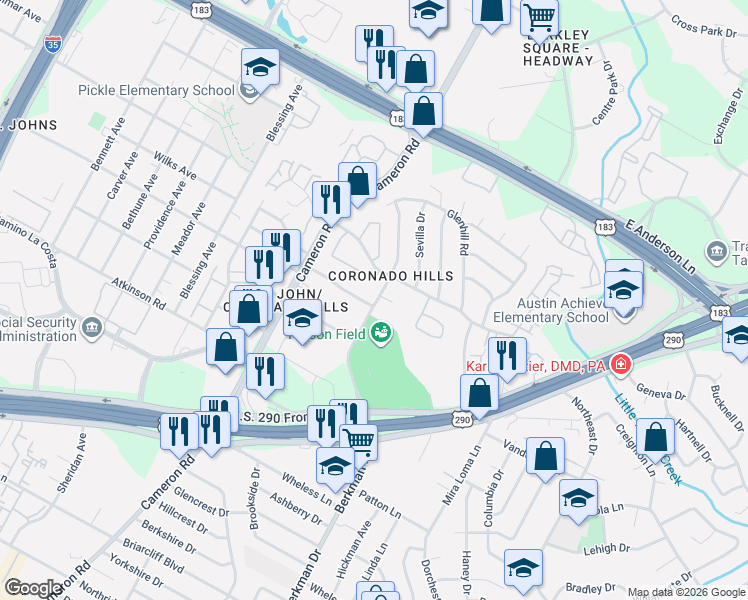 map of restaurants, bars, coffee shops, grocery stores, and more near 113 Reagan Hill Drive in Austin