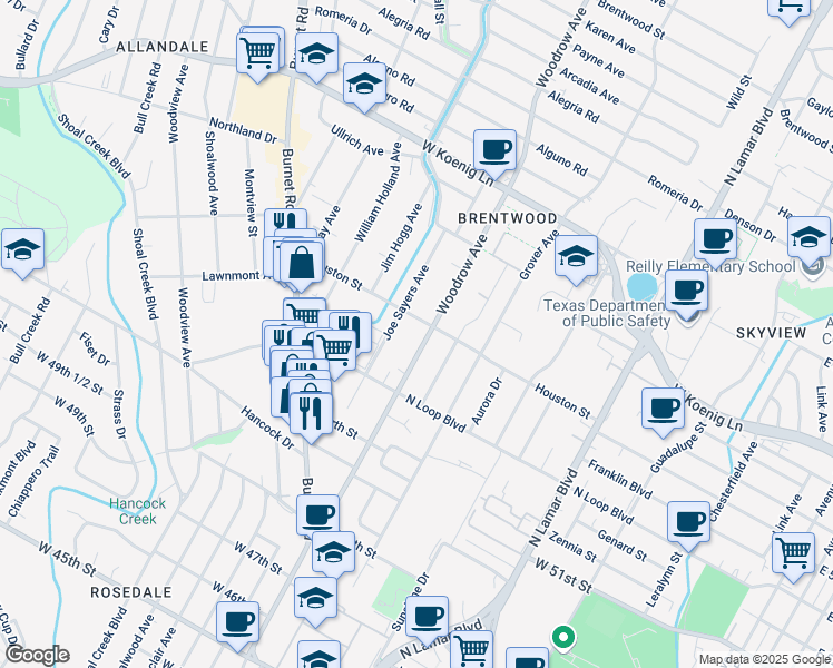 map of restaurants, bars, coffee shops, grocery stores, and more near 5314A Woodrow Avenue in Austin