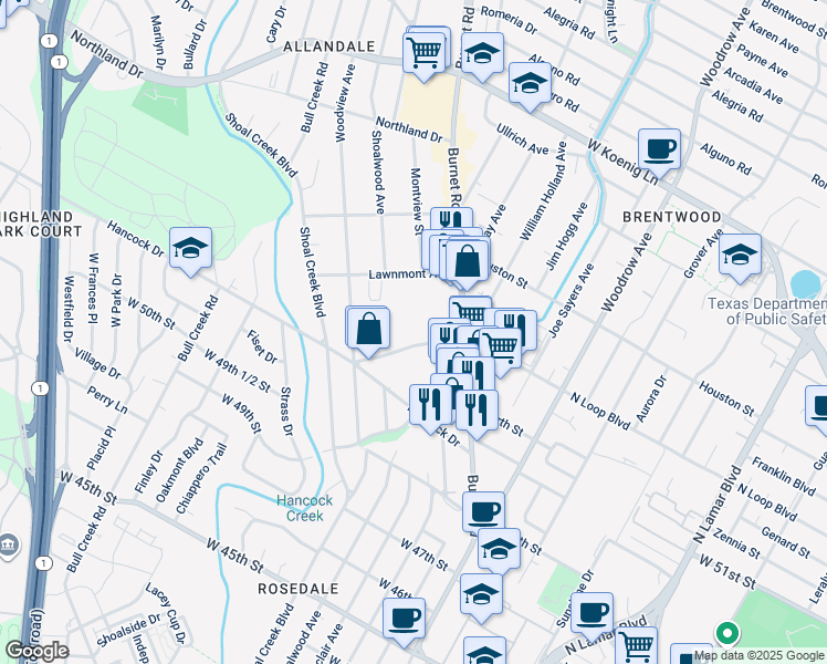 map of restaurants, bars, coffee shops, grocery stores, and more near 2204 West North Loop Boulevard in Austin