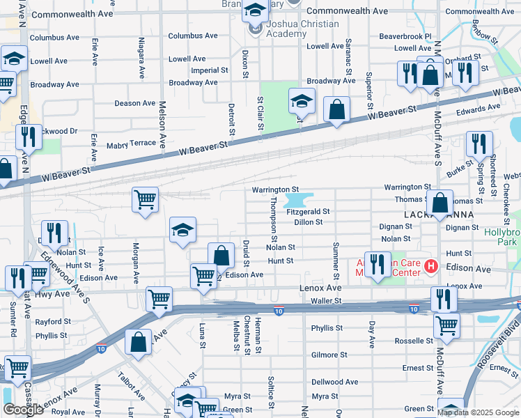 map of restaurants, bars, coffee shops, grocery stores, and more near 3621 Fitzgerald Street in Jacksonville