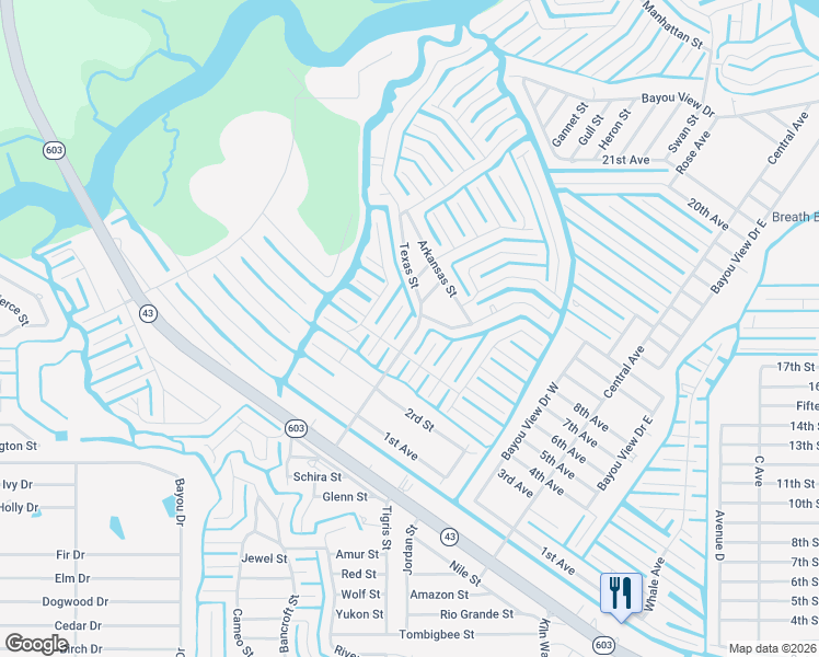 map of restaurants, bars, coffee shops, grocery stores, and more near 10041 Louisiana St in Hancock