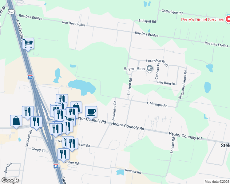 map of restaurants, bars, coffee shops, grocery stores, and more near 200-298 West Musique Road in Carencro
