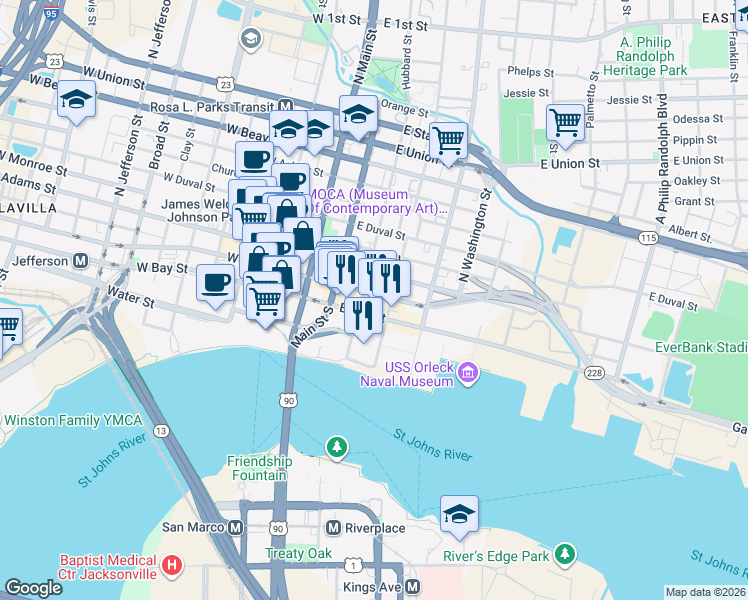 map of restaurants, bars, coffee shops, grocery stores, and more near 119 East Bay Street in Jacksonville