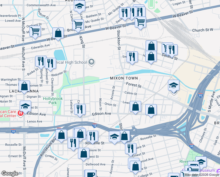 map of restaurants, bars, coffee shops, grocery stores, and more near 2555 Hiland Street in Jacksonville