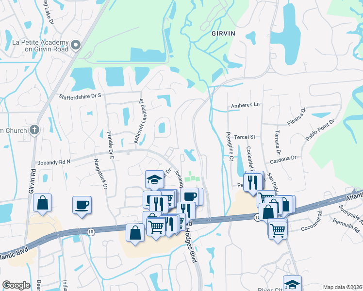 map of restaurants, bars, coffee shops, grocery stores, and more near 321 Blagdon Court in Jacksonville